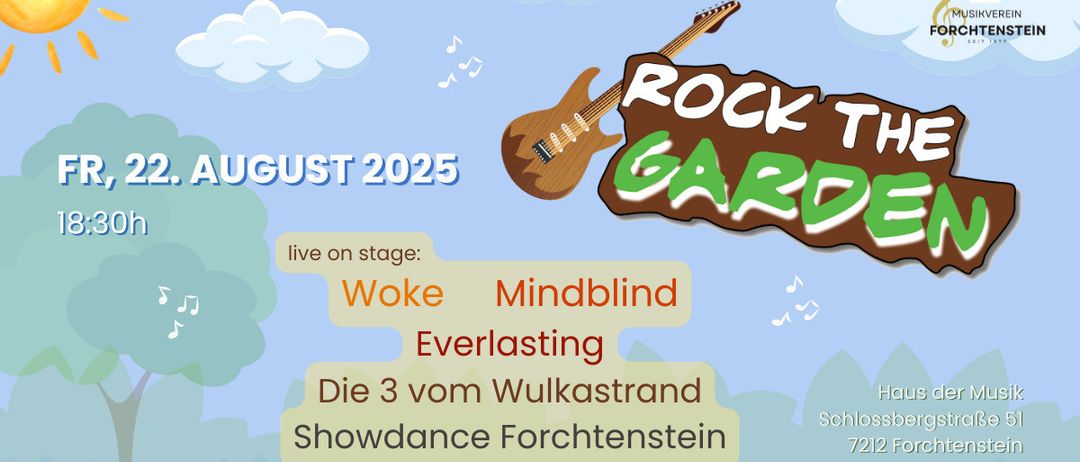Plakat für das Rock the Garden Event im August 2025 mit den Bands Woke, Mindblind und Everlasting. Musiknoten und eine E-Gitarre schmücken das Plakat.