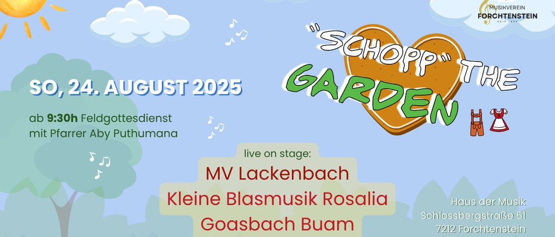 Ein Plakat für ein Musikevent im August 2025 mit den Künstlern MV Lackenbach, Kleine Blasmusik Rosalia und Goasbach Buam. Die Veranstaltung findet im Schlossgarten statt, mit Musik und blauem Himmel im Hintergrund.
