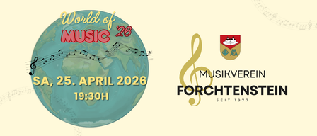 Welt der Musik 26 Poster mit Musiknoten. Veranstaltung am 25. April 2026 um 19:30. Logo und Text in Deutsch.