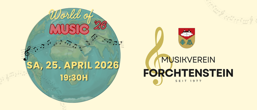 Welt der Musik 26 Poster mit Musiknoten. Veranstaltung am 25. April 2026 um 19:30. Logo und Text in Deutsch.