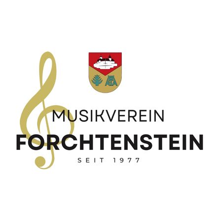 Logo des Musikverein Forchtenstein mit einem Musiknotensymbol, dem Namen der Organisation und einem Wappen mit den Buchstaben MA in der Mitte.