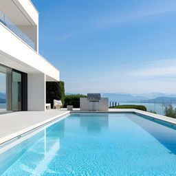 Eine moderne weiße Villa mit einem großen Pool, klarem blauem Wasser und einem Grillbereich. Der Pool ist von einer Terrasse umgeben, und im Hintergrund befinden sich Berge und ein See.