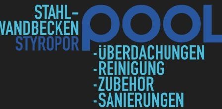 Ein schwarzer Plakat zeigt Dienstleistungen im Zusammenhang mit Poolwartung, einschließlich Stahlwandverkleidungen, Styropor, Dachdeckung, Reinigung, Zubehör und Sanitär.