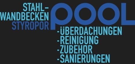 Ein schwarzer Plakat zeigt Dienstleistungen im Zusammenhang mit Poolwartung, einschließlich Stahlwandverkleidungen, Styropor, Dachdeckung, Reinigung, Zubehör und Sanitär.