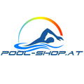 Das Logo für Pool-Shop.at zeigt einen Schwimmer in blauen und weißen Wellen mit einem Regenbogen darüber.