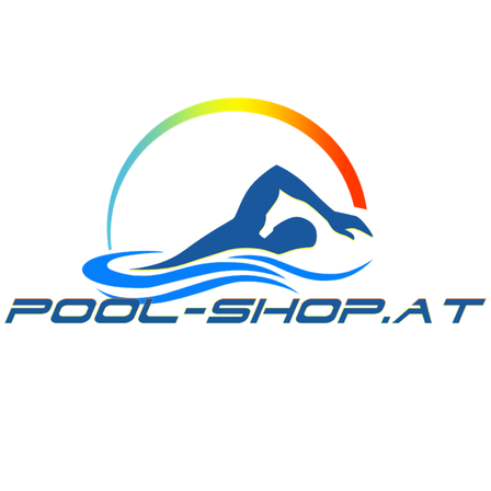 Das Logo für Pool-Shop.at zeigt einen Schwimmer in blauen und weißen Wellen mit einem Regenbogen darüber.