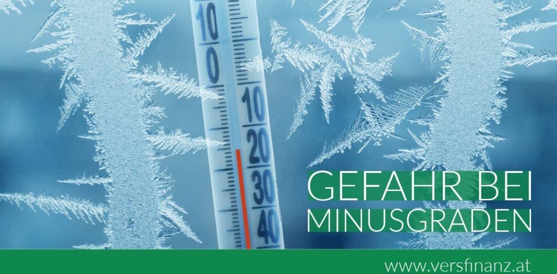 Ein Bild mit einem Thermometer, das 20 Grad Celsius anzeigt, umgeben von Frostmustern. Der Text 'GEFAHR MINUSGRAD' ist auf dem Bild zu sehen.