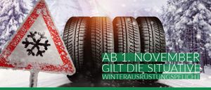 Four winter tires with a warning sign for snowy conditions, text reads 'AB 1. NOVEMB GILT DIE SITU WINTERAUSTRUSTUNGS'.