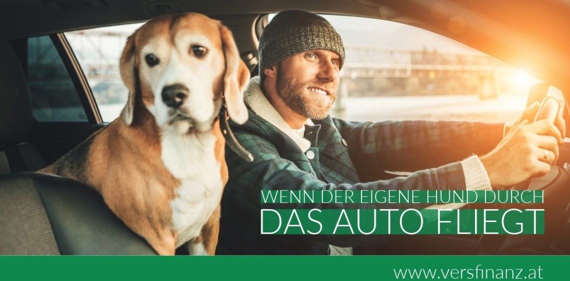 Ein Mann fährt Auto, während sein Hund neben ihm sitzt und in die Kamera lächelt.