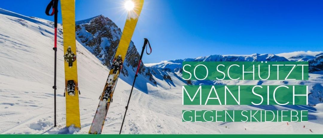 Skier auf schneebedecktem Berg mit Textüberlagerung. Es steht 'So schii man gegen ski'. Ein Website-Link 'www.vers' ist unten.