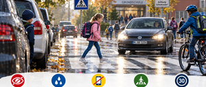 A poster with a girl walking across a wet street with cars and a school sign. The poster has safety tips for children and parents.