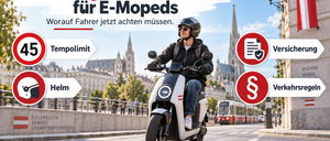 A man rides an electric scooter on a city street, with a cathedral in the background. The image highlights the importance of following rules for e-scooters.