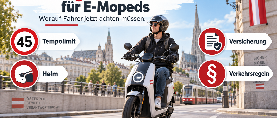 A man rides an electric scooter on a city street, with a cathedral in the background. The image highlights the importance of following rules for e-scooters.