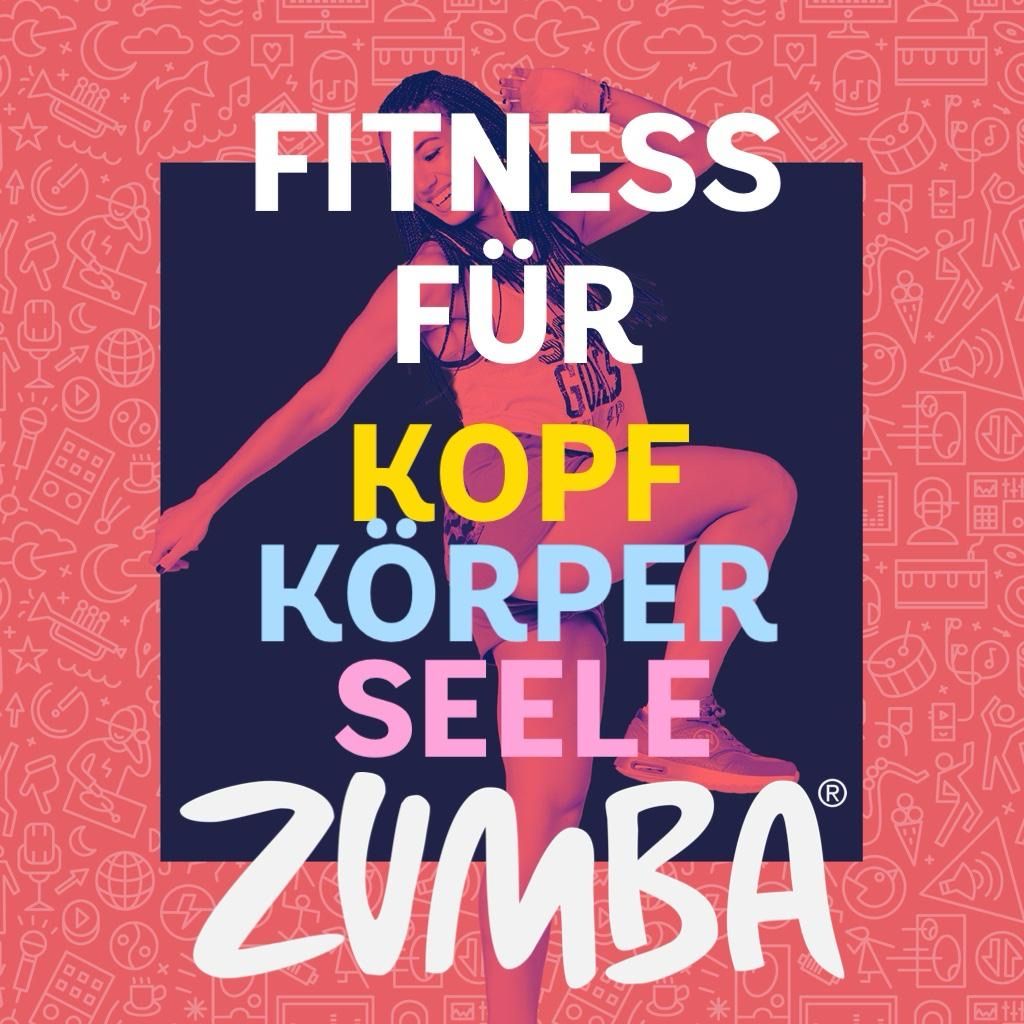 Ein Poster bewirbt einen Zumba-Fitnesskurs. Es zeigt eine energiegeladen tanzende Frau mit Lächeln, die Turnschuhe trägt. Der Hintergrund ist lebhaft und bunt mit Symbolen. Der Text 'Fitness für Körper Seele Zumba' ist prominent angezeigt.