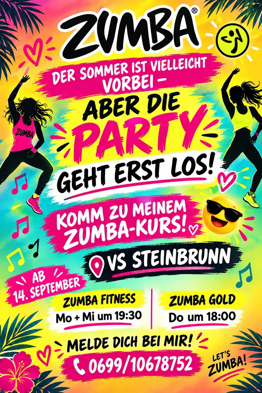 Poster advertising a Zumba fitness party on September 14th. It features two silhouetted women dancing, one in a pink shirt and the other in a yellow shirt. The poster includes the times and types of Zumba classes available.