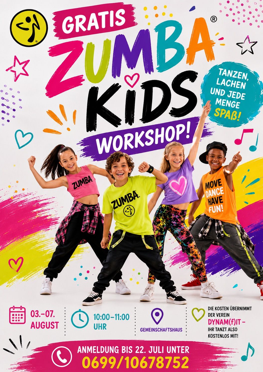 A poster for a Zumba Kids Workshop shows four children dancing with joyful expressions. The poster features vibrant colors and playful designs. The children wear colorful t-shirts and sneakers. The date and time of the workshop are displayed on the poster.