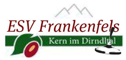 ESV Frankenfels Logo mit einem Weinglas und einem Blatt, der Text lautet 'Kern im Dirndlthal' in Rot.