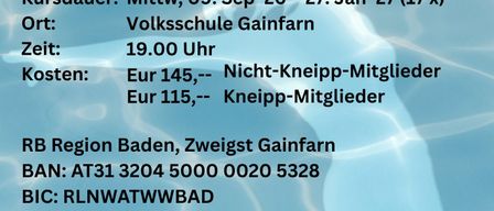 Ein Poster mit blauem Hintergrund und weißer Schrift bietet Informationen über einen Kurs an der Volksschule Gainfarn. Es enthält Daten, Zeiten, Kosten und Kontaktdaten.