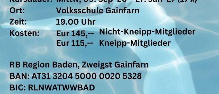 Ein Poster mit blauem Hintergrund und weißer Schrift bietet Informationen über einen Kurs an der Volksschule Gainfarn. Es enthält Daten, Zeiten, Kosten und Kontaktdaten.