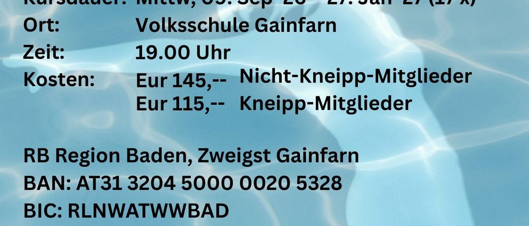 Ein Poster mit blauem Hintergrund und weißer Schrift bietet Informationen über einen Kurs an der Volksschule Gainfarn. Es enthält Daten, Zeiten, Kosten und Kontaktdaten.