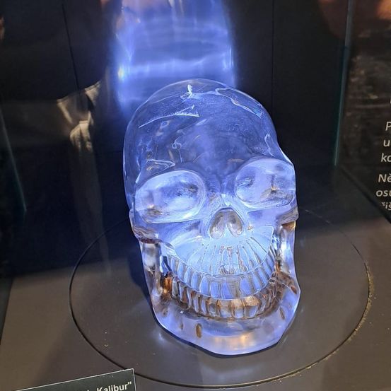 Einer glaserne Schädel mit blauer Beleuchtung ist ausgestellt. Der Schädel ist mit feinen Details geschnitzt. Ein Etikett unten besagt 'Kalibri'.