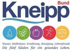 Das Kneipp-Logo mit blauen und weißen Wellen. Fünf Symbole für Wasser, Kräuter, Ernährung, Bewegung und Balance. Der deutsche Text lautet 'Die fünf Säulen für ein gesundes Leben.'