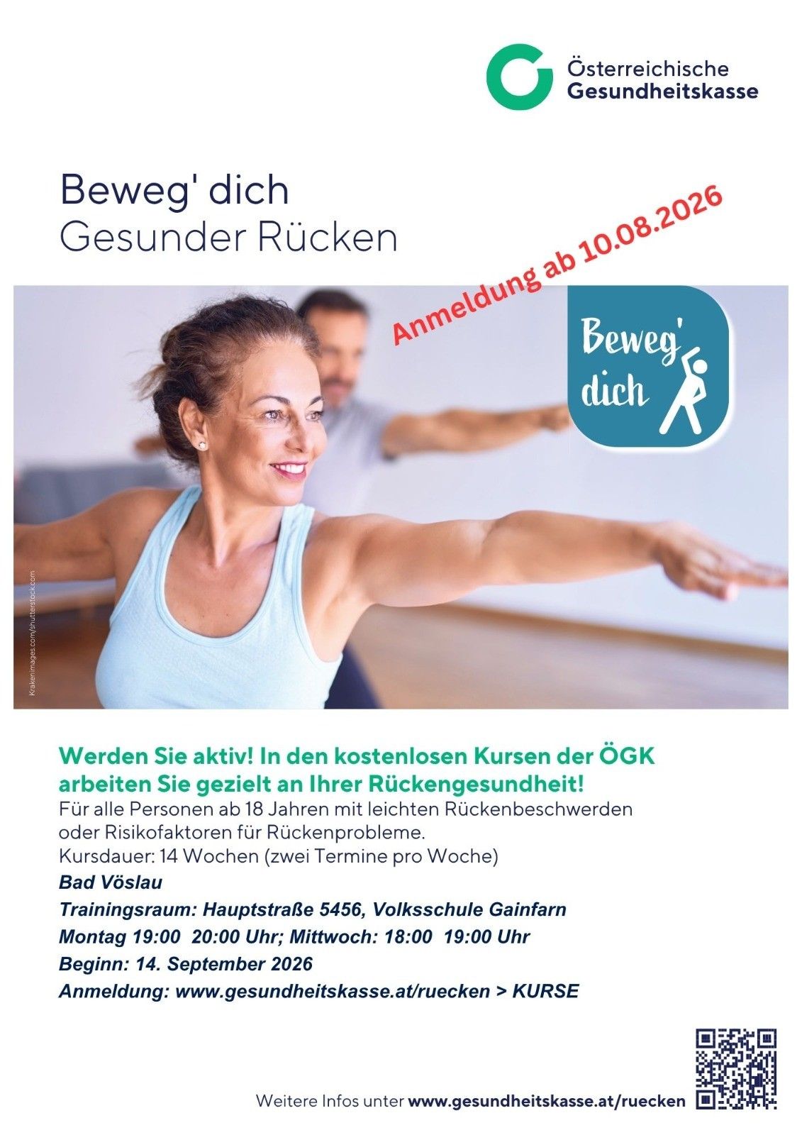 Eine Werbung für kostenlose Kurse zur Rückengesundheit in Bad Vöslau, mit einer Frau beim Dehnen und einem Mann im Hintergrund. Der Text betont die Vorteile der Kurse und gibt Details zum Zeitplan und Ort an.