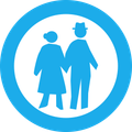 Ein blaues Symbol eines älteren Mannes und einer älteren Frau, die Händchen halten, in einem Kreis.