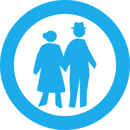 Ein blaues Symbol eines älteren Mannes und einer älteren Frau, die Händchen halten, in einem Kreis.