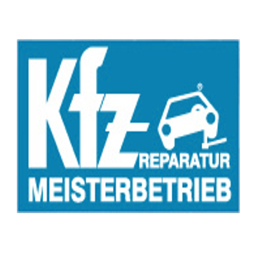Das Logo für Kfz Reparatur Meisterbetrieb ist auf einem blauen Hintergrund dargestellt. Es zeigt ein weißes Auto und einen Schraubenschlüssel.