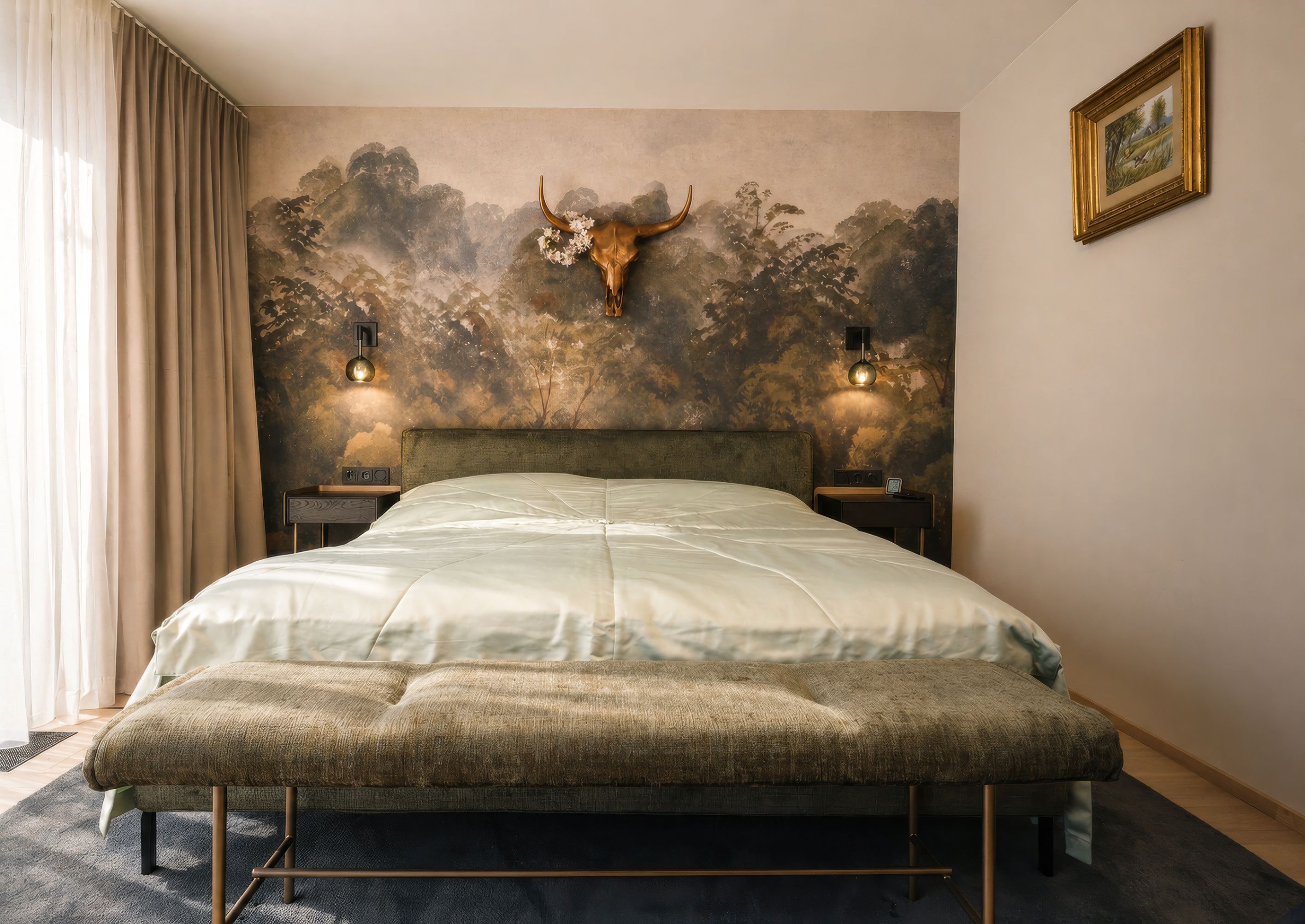 Ein Schlafzimmer mit einem Bett, einer Bank und einer Wand mit Baum und Kuhschädel. Der Raum hat eine ruhige Atmosphäre mit gedämpfter Beleuchtung.