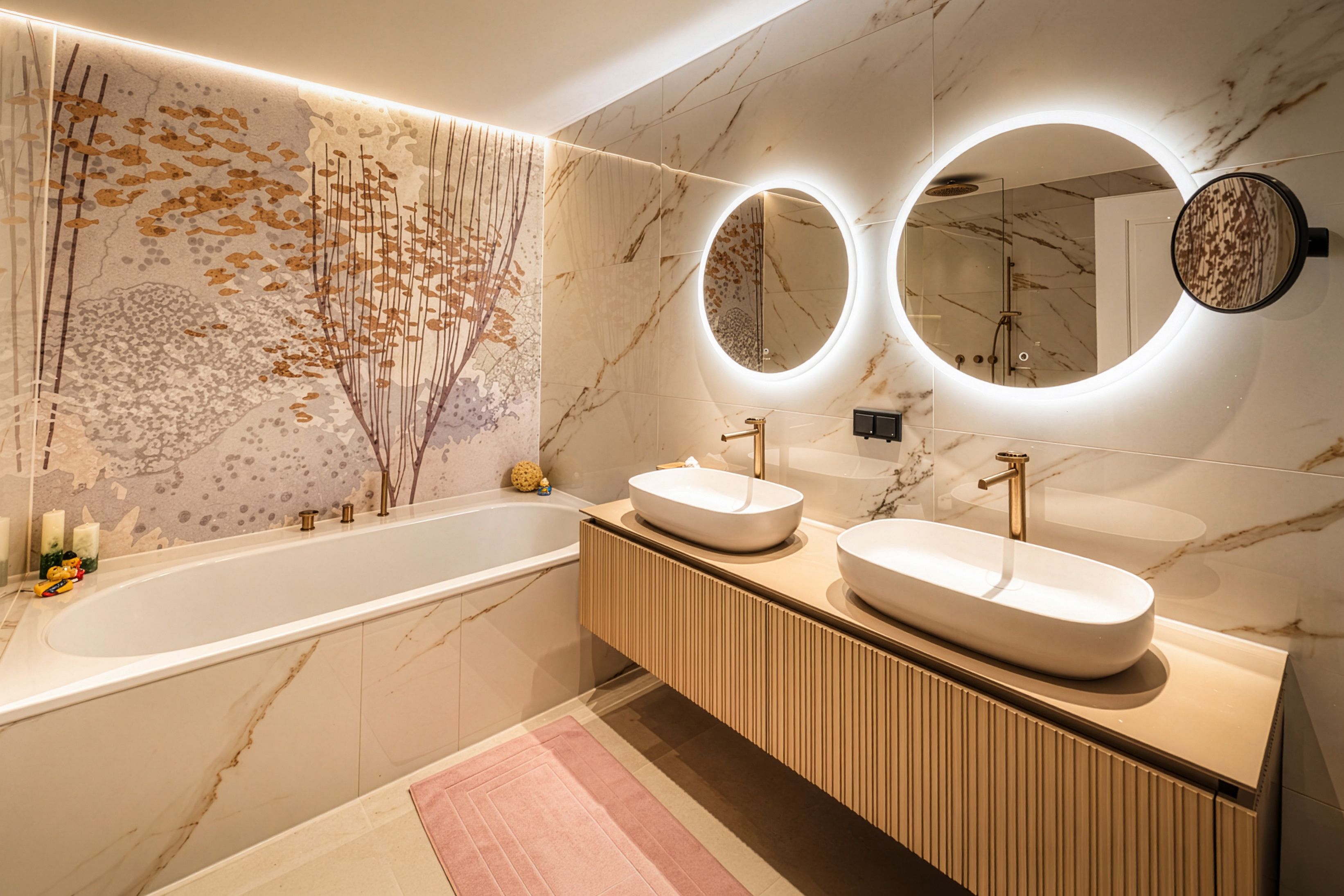 Ein modernes Badezimmer mit einer großen Badewanne, zwei runden Spiegeln und zwei Waschbecken. Die Wand hat ein Marmordesign mit goldenen Akzenten.