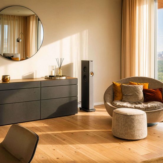 Ein modernes Wohnzimmer mit einem großen runden Spiegel, einem runden Sofa mit Kissen, einem Holzschrank, einem Lautsprecher und einem Fenster mit Vorhängen.