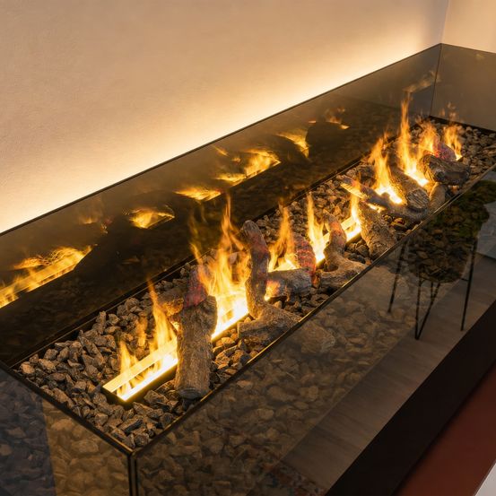 Ein Innenkamin mit einer Glasverkleidung, gefüllt mit Steinen und brennenden Holzscheiten. Das Feuer spiegelt sich im Glas und erzeugt ein warmes Leuchten.