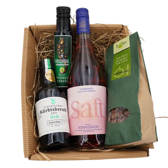 Inhalt: Bio Kürbiskernöl, Firmenich - Traubensaft, Hirschmuggl - BIO Traubenkernöl, Höfler - Kürbisknabberkerne Schokolade