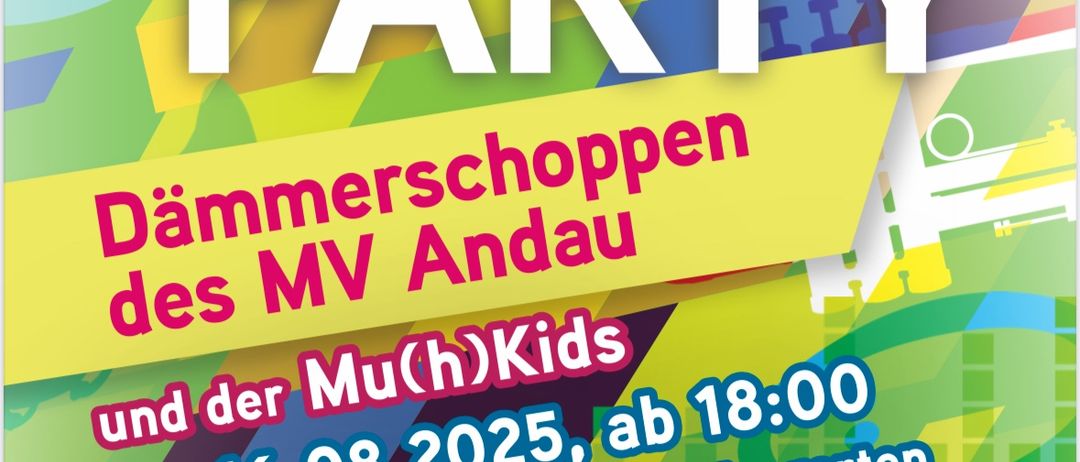 Ein Plakat für die Schmoizbrot Party-Veranstaltung. Es findet am Samstag, 16. August 2025, ab 18:00 Uhr statt. Der Veranstaltungsort ist Dämmerschoppen des MV Andau. Der Eintritt ist frei.