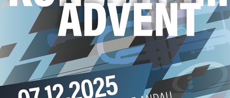 Plakat für ein Konzert mit dem Titel 'Konzert im Advent'. Die Veranstaltung findet am 7. Dezember 2025 um 16:00 Uhr in der Aula der Mittelschule Andau statt. Der Eintritt ist frei. Es werden Werke von Johann Strauss und Julius Fucik aufgeführt.