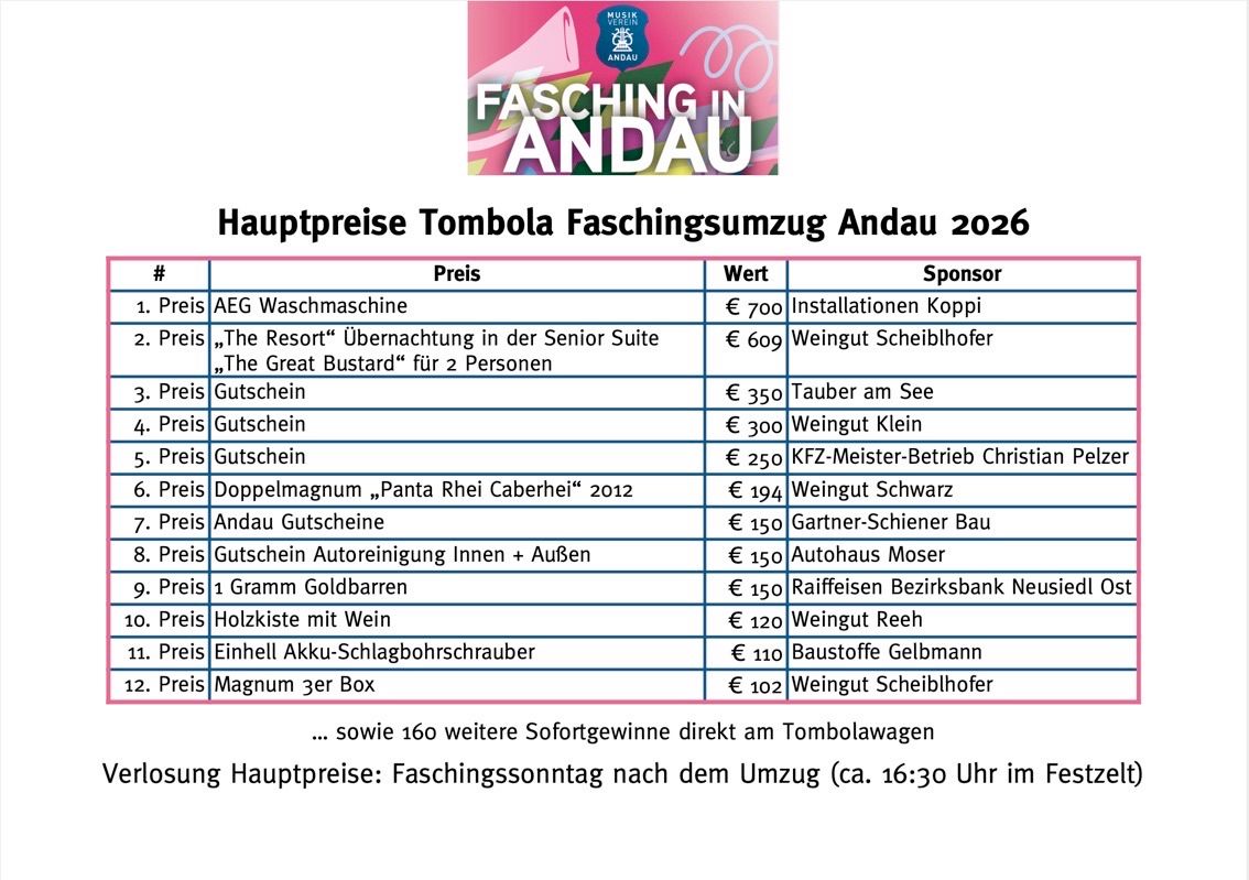 An image lists the main prizes of the Andau 2026 raffle, with items such as a washing machine, accommodation, vouchers, and gold bars, alongside their values and sponsors.