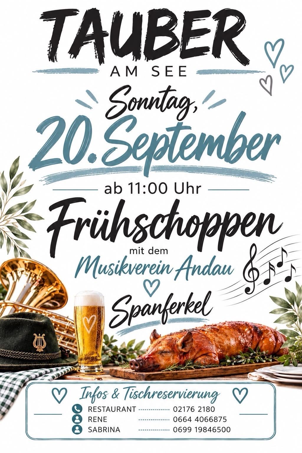 Plakat für ein Sonntagsbrunch-Event am 20. September mit gebratenem Schwein, einem Glas Bier, einem Hut und Noten.