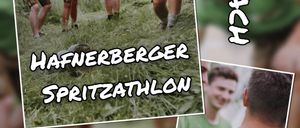 Ein Plakat für das Hafnerberger Spritzathlon-Event mit vier Männern in grünen Shirts und Shorts, die auf einem Grasfeld laufen, mit dem Datum 17.07.2026 und dem Wort 'Nostalgic' in der oberen rechten Ecke.