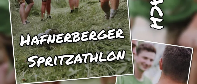 Ein Plakat für das Hafnerberger Spritzathlon-Event mit vier Männern in grünen Shirts und Shorts, die auf einem Grasfeld laufen, mit dem Datum 17.07.2026 und dem Wort 'Nostalgic' in der oberen rechten Ecke.