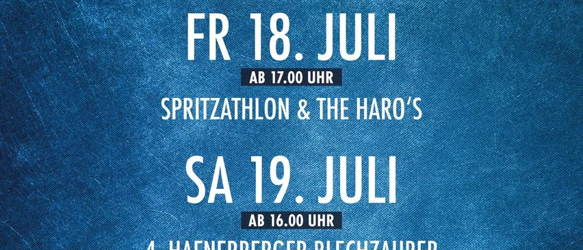 Plakat für das Hafnerberger Feuerwehrfest, geplant vom 18. bis 20. Juli. Mit Veranstaltungen wie Spritzathlon, Blechzauber und einem Seniorennachmittag.