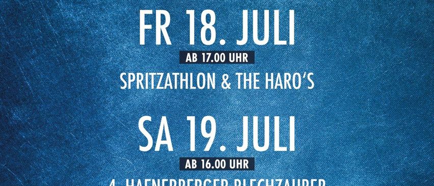 Plakat für das Hafnerberger Feuerwehrfest, geplant vom 18. bis 20. Juli. Mit Veranstaltungen wie Spritzathlon, Blechzauber und einem Seniorennachmittag.