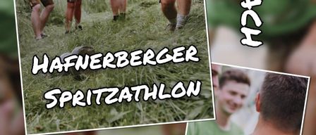 A poster with men in green shirts running, featuring the text Hafnerberger Spritzathlon and event details.
