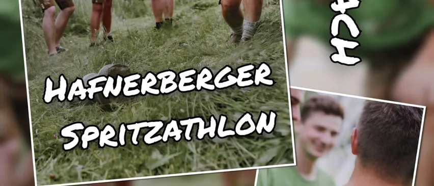 Ein Plakat mit Männern in grünen Shirts beim Laufen, mit dem Text Hafnerberger Spritzathlon und Eventdetails.