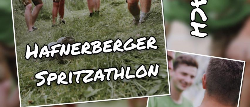 Ein Plakat mit Männern in grünen Shirts beim Laufen, mit dem Text Hafnerberger Spritzathlon und Eventdetails.