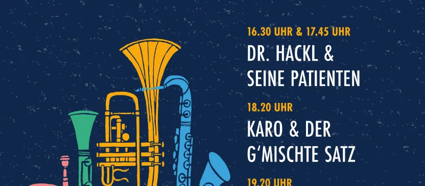 Plakat für Blechzauber-Veranstaltung am 18. Juli. Zeigt Blechblasinstrumente, Zeiten und Acts. Beginn um 16:30 Uhr.