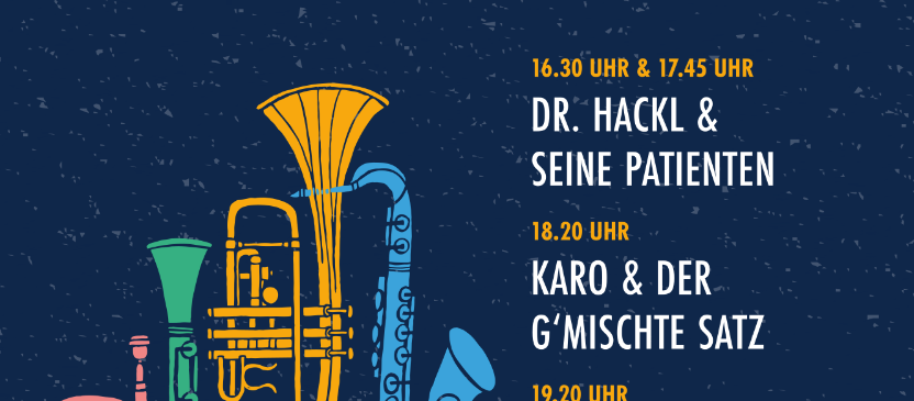 Plakat für Blechzauber-Veranstaltung am 18. Juli. Zeigt Blechblasinstrumente, Zeiten und Acts. Beginn um 16:30 Uhr.