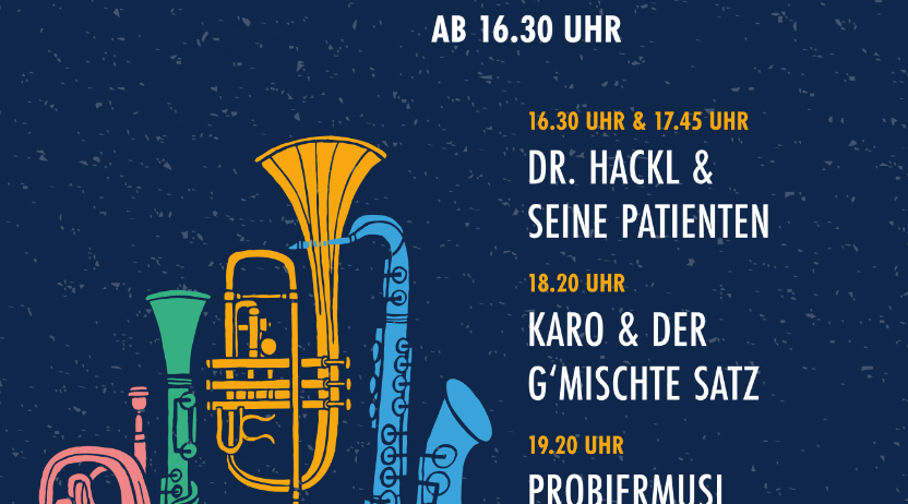 Plakat für Blechzauber-Veranstaltung am 18. Juli. Zeigt Blechblasinstrumente, Zeiten und Acts. Beginn um 16:30 Uhr.