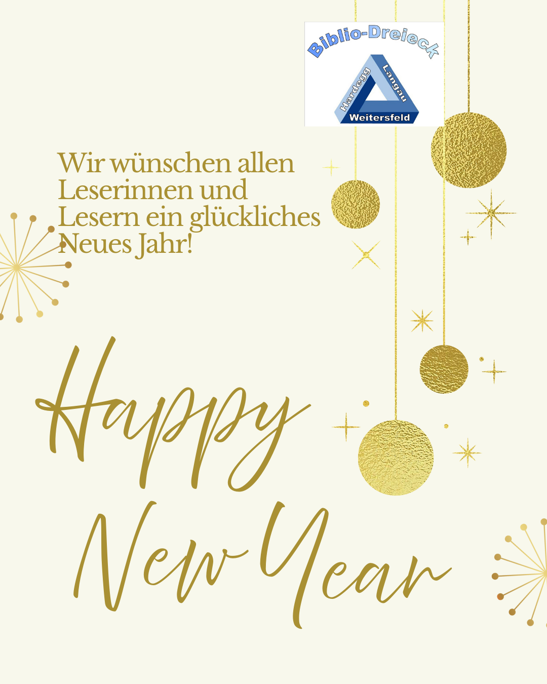 Ein Neujahrs-Grußkarte mit goldenem Thema und Sternen. Es steht 'Happy New Year' in goldener kursiver Schrift. Über dem Text befindet sich ein blaues und weißes Logo.